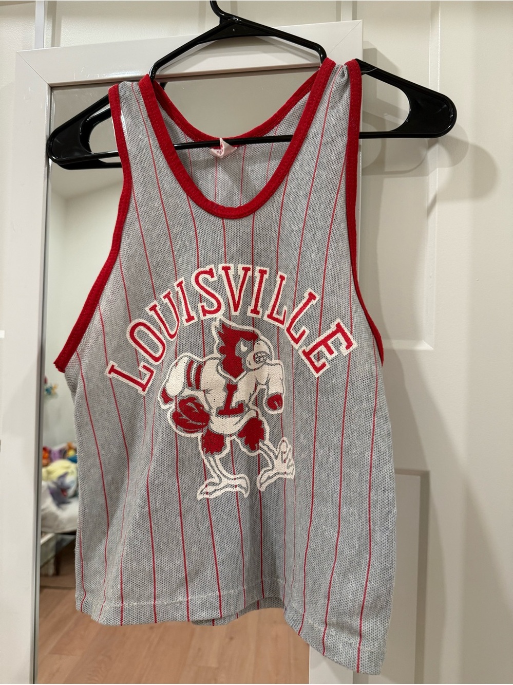 vintage-style Louisville Cardinals basketball jersey gray mesh body size small